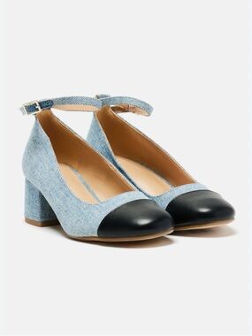 Soda Light Denim and Black Cap-Toe Ankle-Strap Block Heels